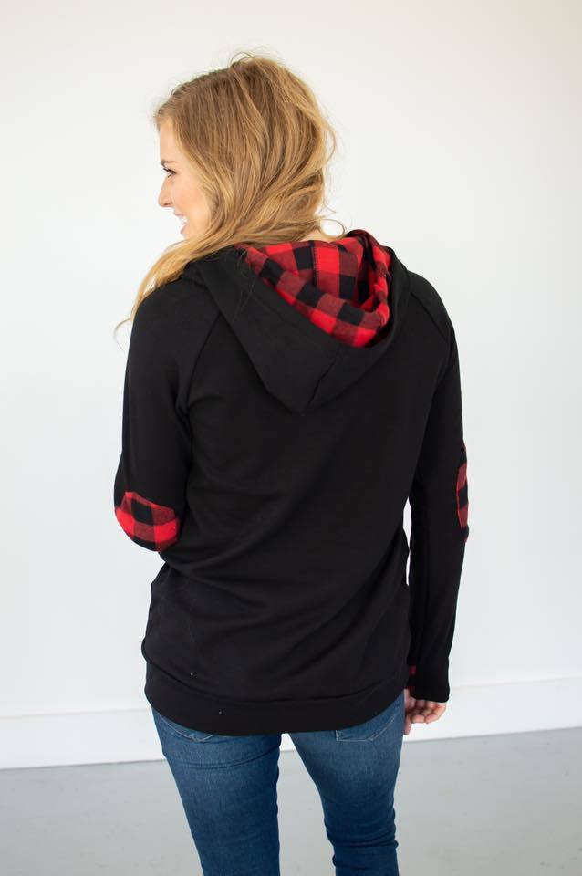 Black Buffalo Plaid Accent Hoodie