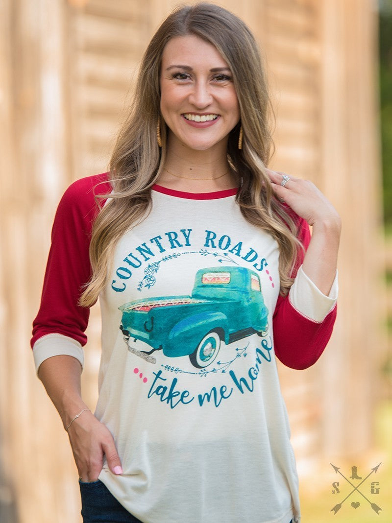 Country Roads Take Me Home on Beige Raglan with Red Sleeves