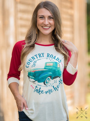 Country Roads Take Me Home on Beige Raglan with Red Sleeves