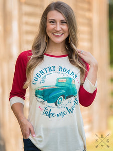 Country Roads Take Me Home on Beige Raglan with Red Sleeves