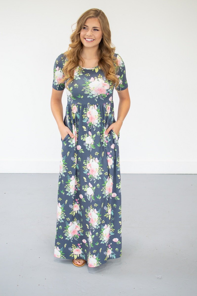Steel Blue Floral Maxi | Nursing option available