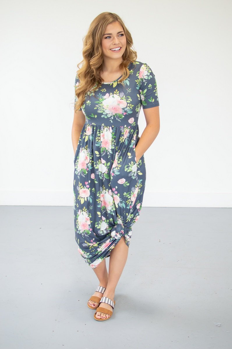 Steel Blue Floral Maxi | Nursing option available