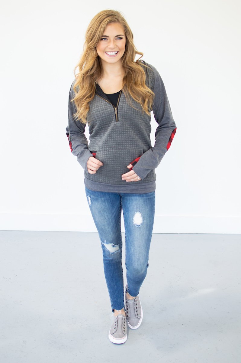 Buffalo Plaid Single Hood Half Zip Hoodie