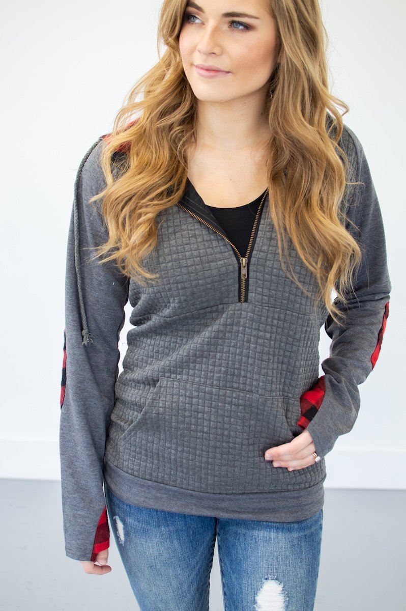 Buffalo Plaid Single Hood Half Zip Hoodie