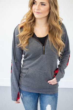 Buffalo Plaid Single Hood Half Zip Hoodie