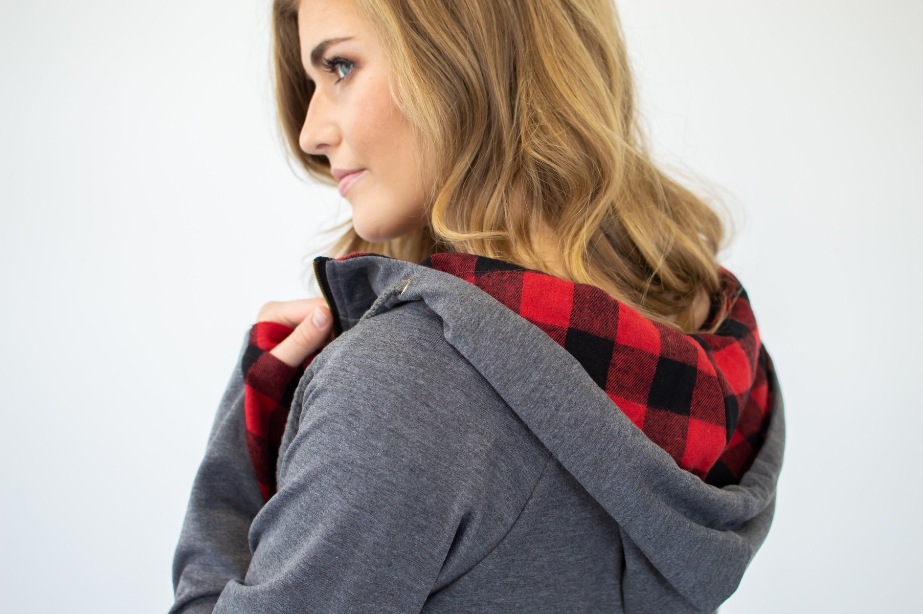 Buffalo Plaid Single Hood Half Zip Hoodie