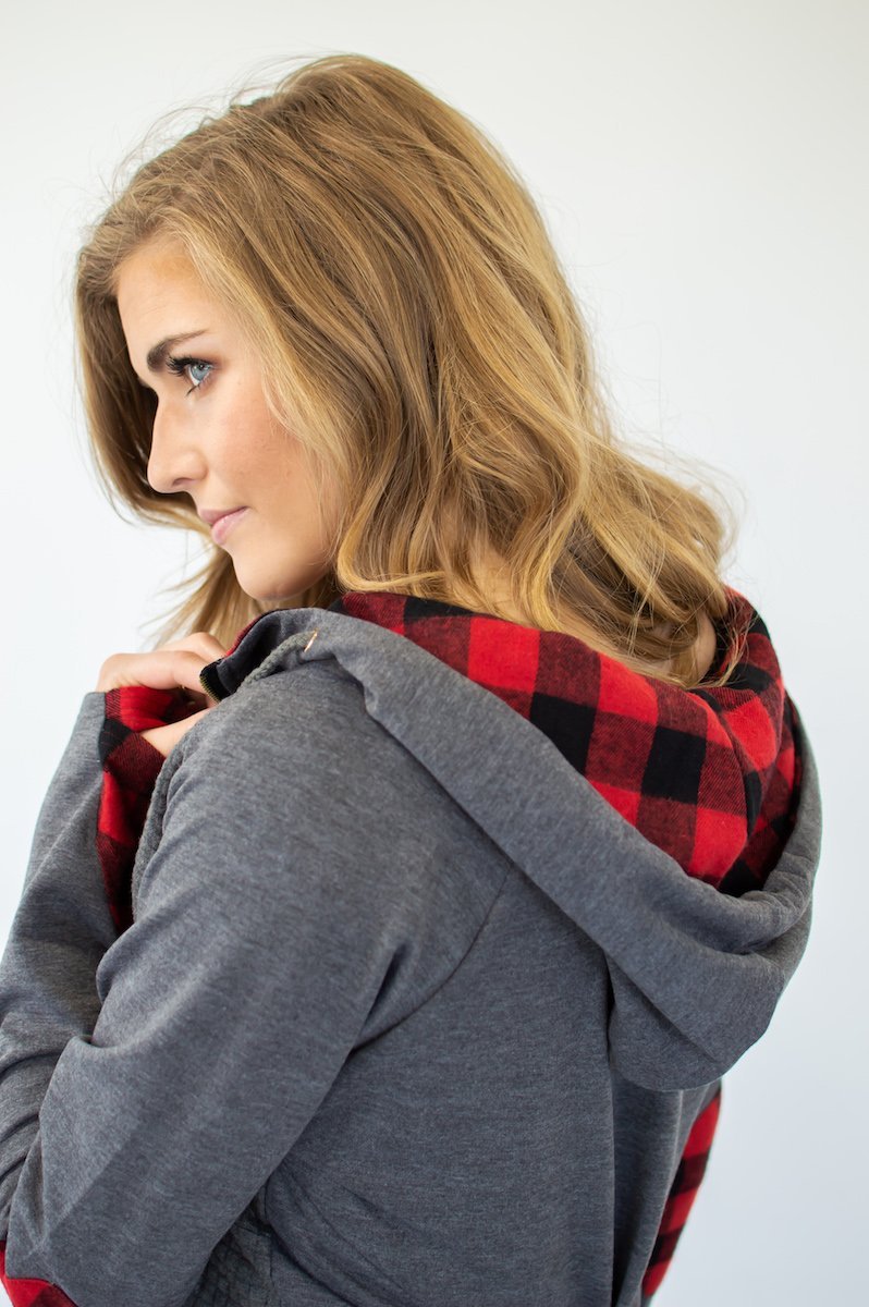 Buffalo Plaid Single Hood Half Zip Hoodie