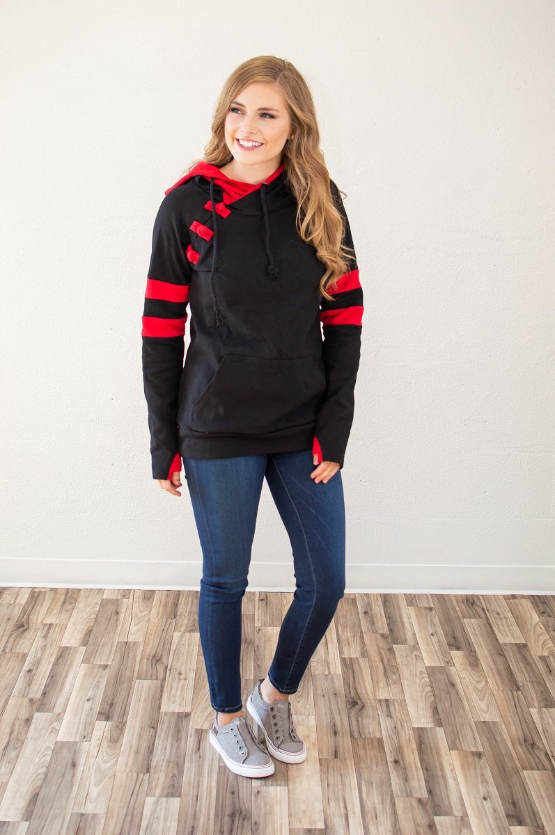 Black and Red Varsity Women's Double Hooded Sweatshirt