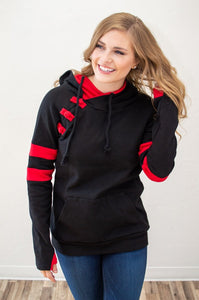 Black and Red Varsity Women's Double Hooded Sweatshirt