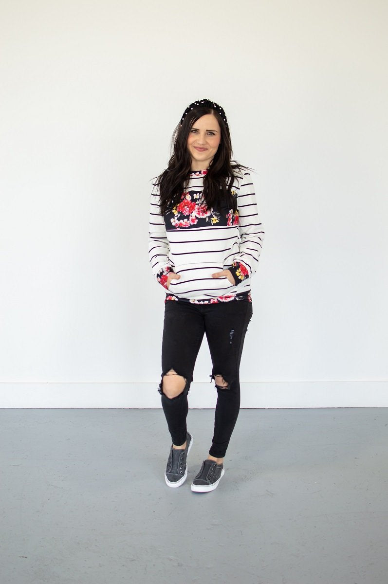 Striped Floral Crew Neck