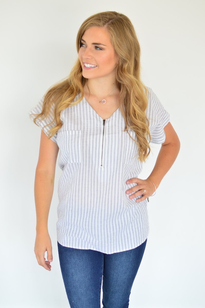 Classic Zipper Tee | Heather Grey Stripes
