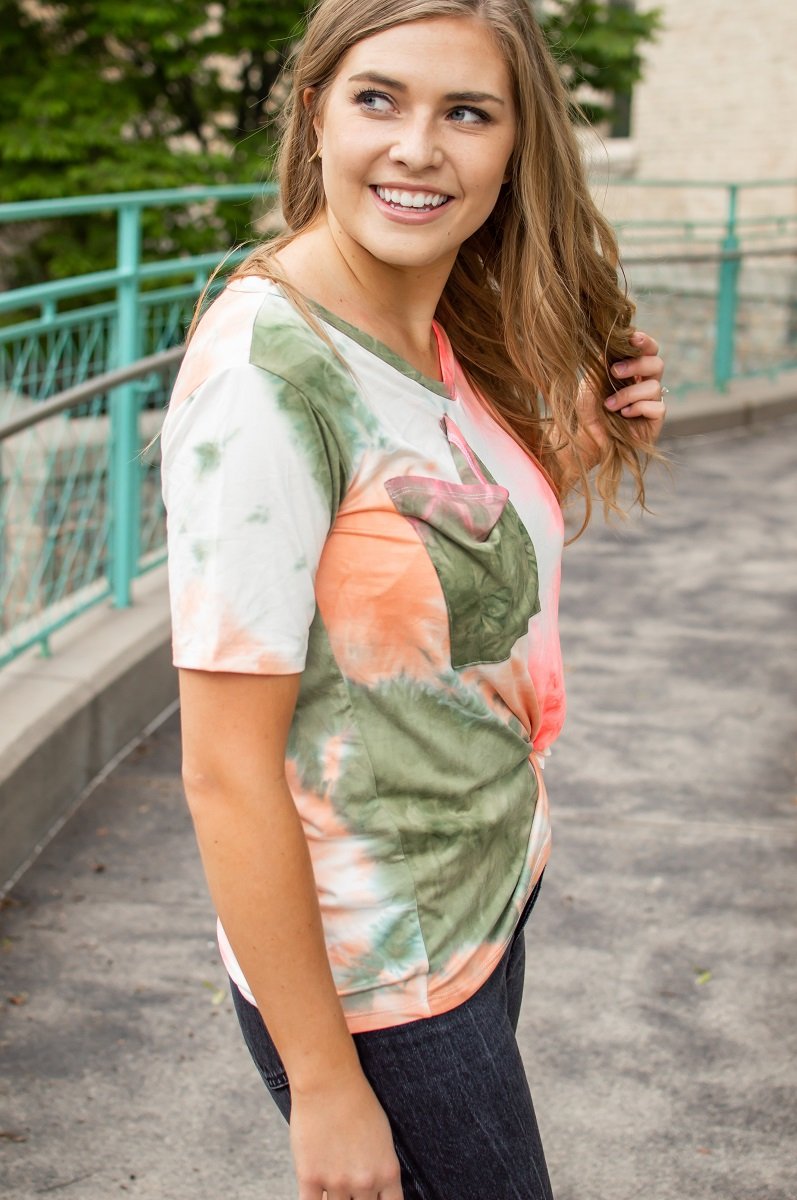 Hot Coral and Olive Tie Dye Slouchy Pocket Tee