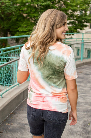 Hot Coral and Olive Tie Dye Slouchy Pocket Tee