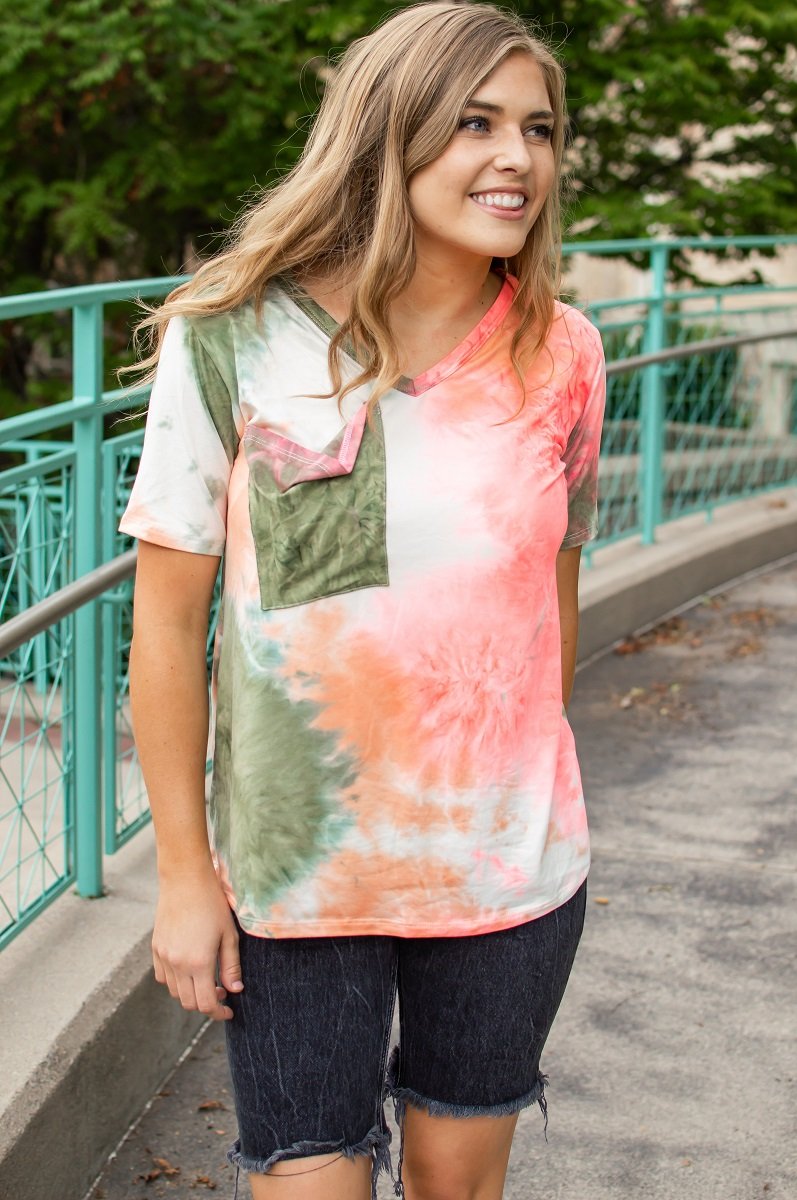 Hot Coral and Olive Tie Dye Slouchy Pocket Tee