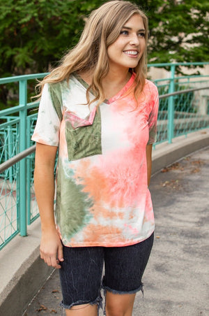 Hot Coral and Olive Tie Dye Slouchy Pocket Tee