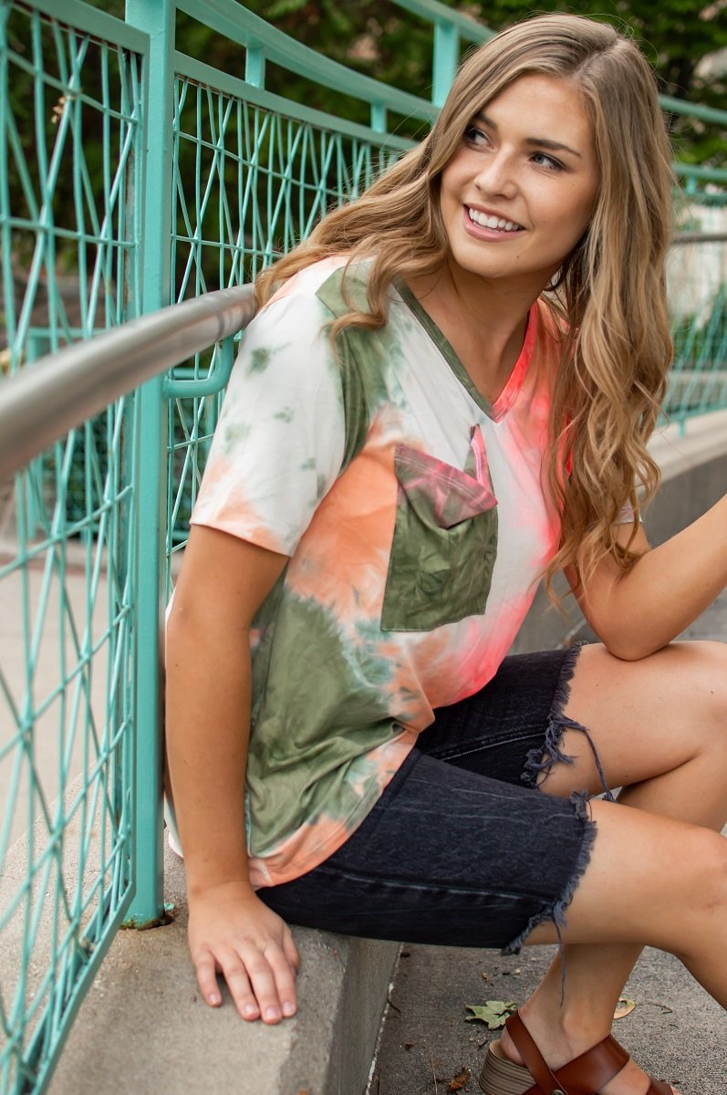 Hot Coral and Olive Tie Dye Slouchy Pocket Tee