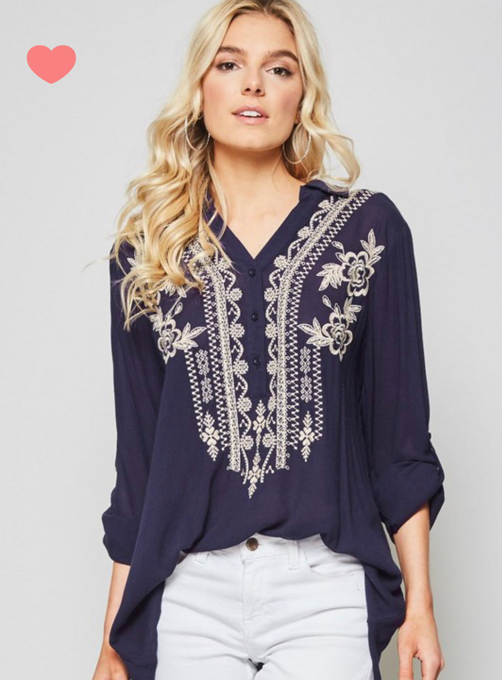 Indra 3/4 Sleeve Embroidered Top