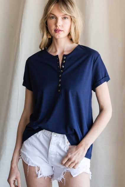Solid Button Down Short Sleeve Top