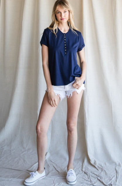 Solid Button Down Short Sleeve Top