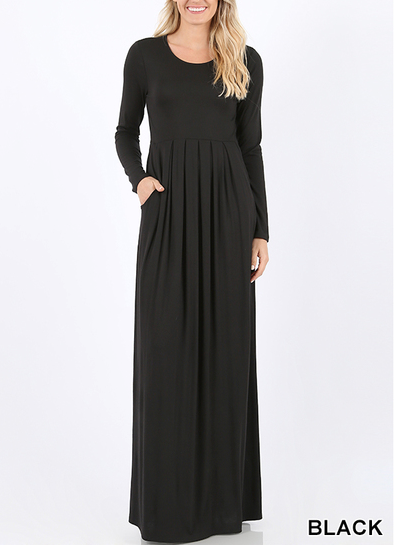 Pleated Waist Long Sleeve Dress with Pockets