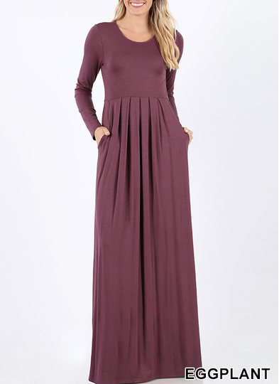 Pleated Waist Long Sleeve Dress with Pockets