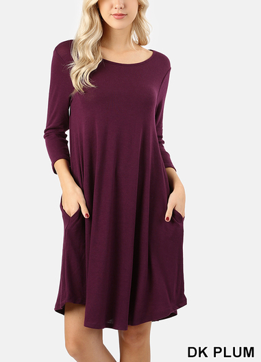 Sweater Fabric 3/4 Sleeve Dress with Pockets