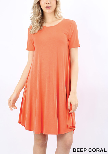 Rayon short sleeve round hem a-line dress with side pockets
