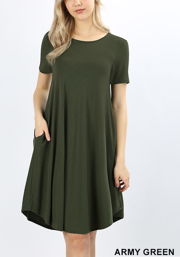 Rayon short sleeve round hem a-line dress with side pockets