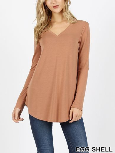 Rayon Long Sleeve V- Neck Round Hem Top (Plus Size Also Available)