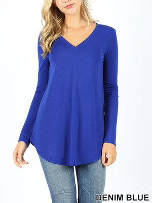 Rayon Long Sleeve V- Neck Round Hem Top (Plus Size Also Available)