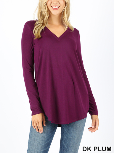 Rayon Long Sleeve V- Neck Round Hem Top (Plus Size Also Available)