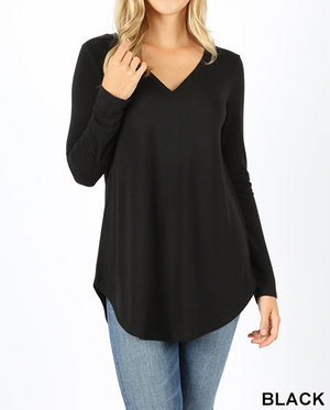 Rayon Long Sleeve V- Neck Round Hem Top (Plus Size Also Available)