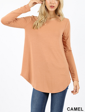 Rayon Long Sleeve Round Neck Round Hem Top (Plus Size Also Available)