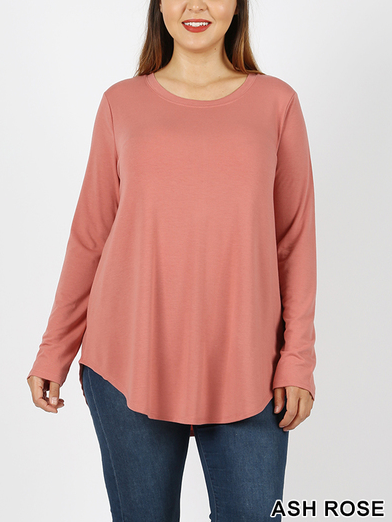 Rayon Long Sleeve Round Neck Round Hem Top (Plus Size Also Available)