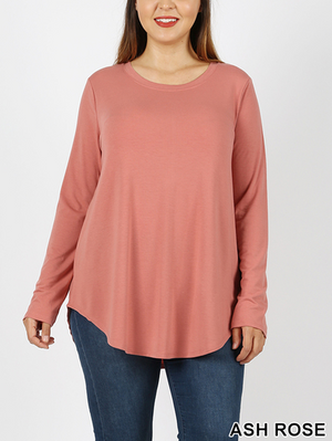 Rayon Long Sleeve Round Neck Round Hem Top (Plus Size Also Available)
