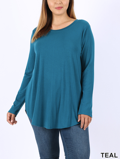 Rayon Long Sleeve Round Neck Round Hem Top (Plus Size Also Available)