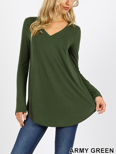 Rayon Long Sleeve V- Neck Round Hem Top (Plus Size Also Available)