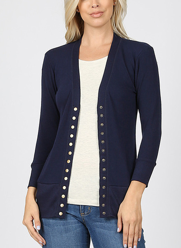 Snap Button 3/4 Sleeve Cardigan (Navy, Black)