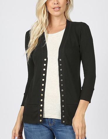 Snap Button 3/4 Sleeve Cardigan (Navy, Black)