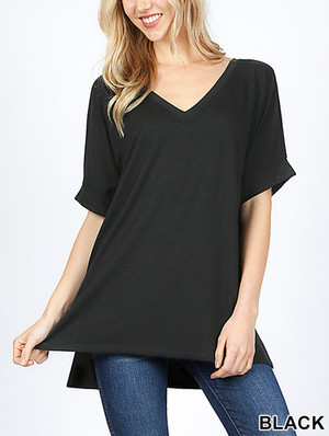 Rolled Sleeve Side Slit Hi-Low Hem Tee