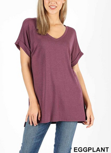Rolled Sleeve Side Slit Hi-Low Hem Tee