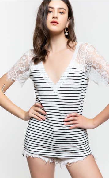 Reilly Striped Lace Sleeve Top (Black or White)