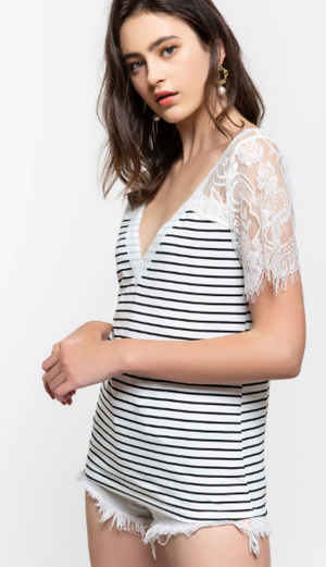 Reilly Striped Lace Sleeve Top (Black or White)