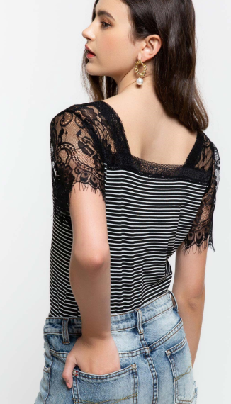 Reilly Striped Lace Sleeve Top (Black or White)