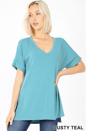 Rolled Sleeve Side Slit Hi-Low Hem Tee
