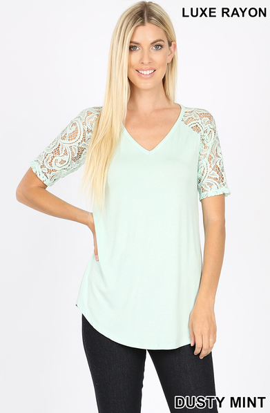 Luxe Rayon Lace Sleeve V-neck Top