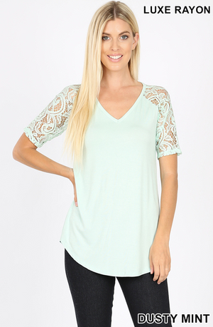 Luxe Rayon Lace Sleeve V-neck Top
