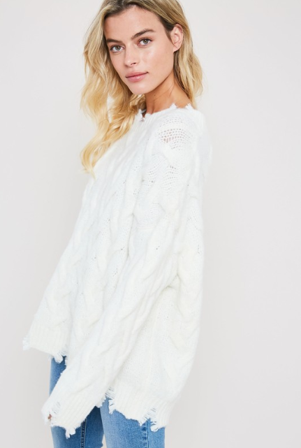 Distressed Round Neck Cable Knit Sweater