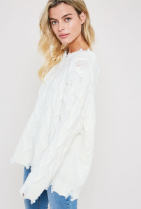 Distressed Round Neck Cable Knit Sweater