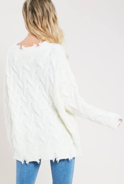 Distressed Round Neck Cable Knit Sweater